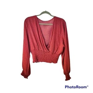 140. Shein women's pink and black polka dotted v-neck crop top